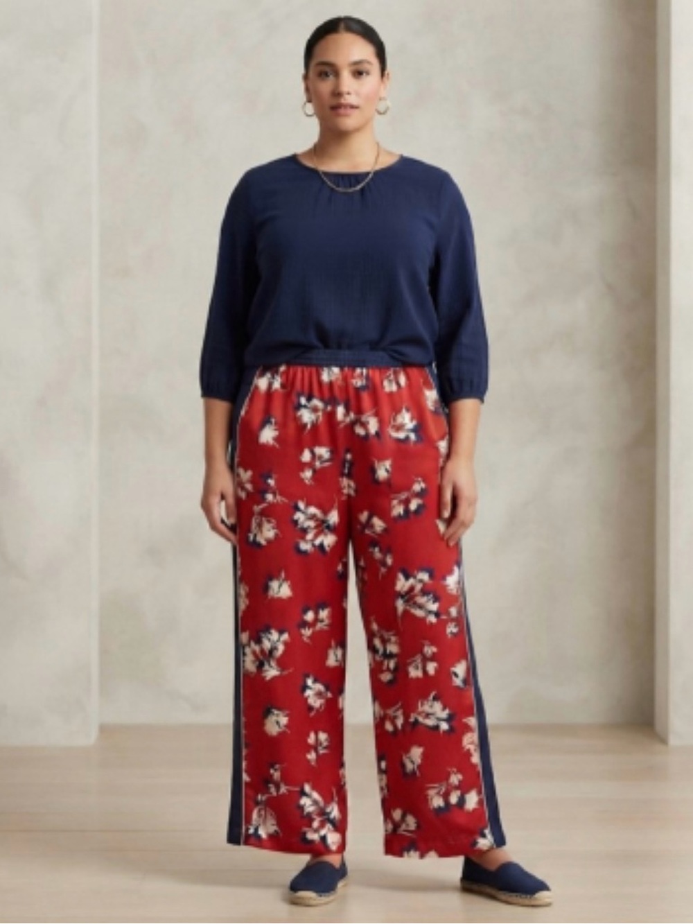 Pleione Floral Wide Leg Palazzo Pants Red Navy Stripe Plus Size 1X EUC